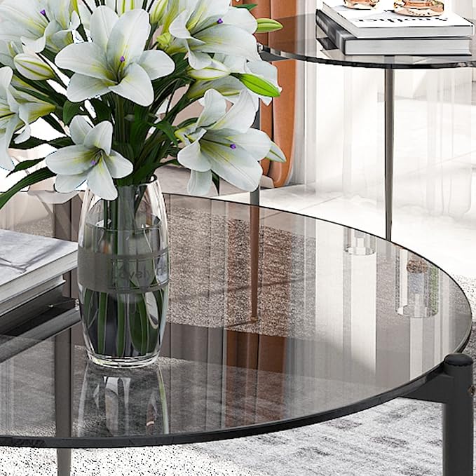 Round Tempered Glass Table 31.5 inch Large Circle Top Metal Frame Grey