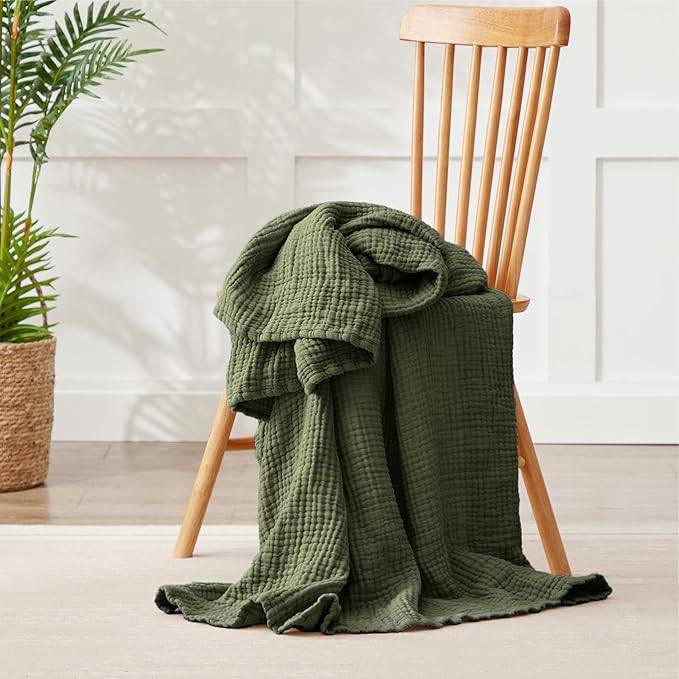 100% Cotton Muslin Blanket Large 50" x 70", Breathable and Lightweight Cotton Throw Blankets for Bed and Couch, Soft Cooling Summer Gauze Blanket for Adults All Season, Olive Green
