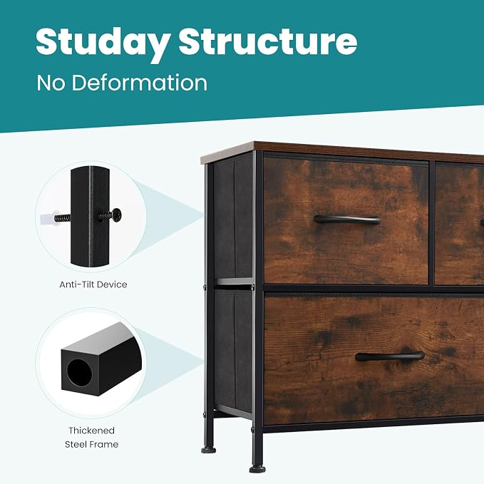 OLIXIS 5 Drawer Dresser for Bedroom, Wide Fabric Storage Tower with Wooden Top and Metal Frame, Closet Chest Organizer Furniture, TV Stand for Living Room Hallway, Brown - Image 7
