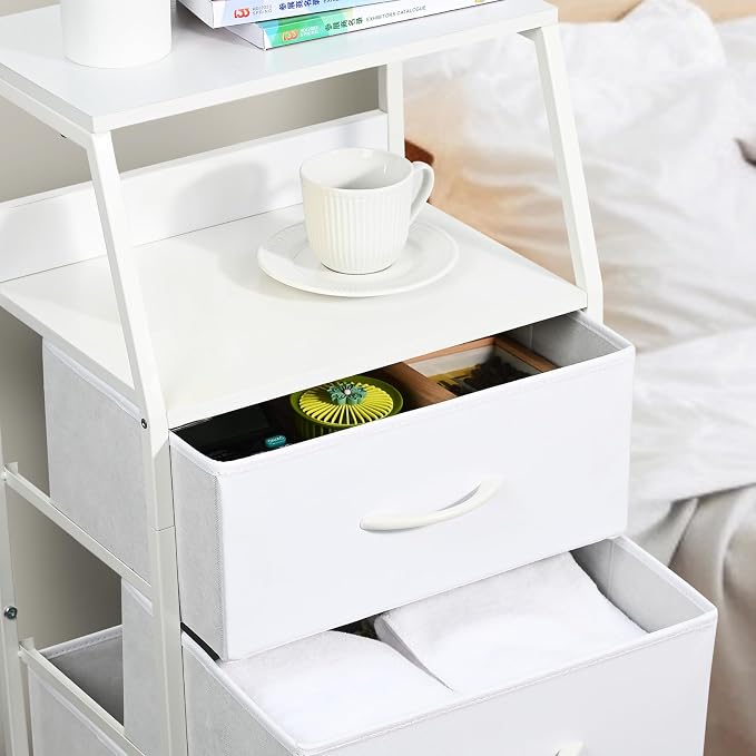 White Dresser for Bedroom, Storage Organizer with 4 Drawers, Vertical Fabric Storage Stand, Nightstand Bedside Table, Sturdy Steel Frame & Wooden Top - Image 7
