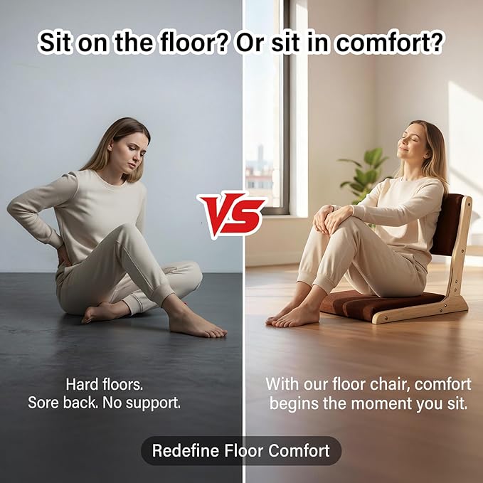 Tiita 2Pcs Floor Games Chair, Foldable Meditation Tatami Chairs, Backrest Chair with Cushion, Living Room Chair Seat, Wood Brown