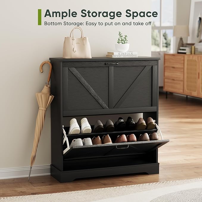 Smart FENDEE Shoe Cabinet, Shoe Storage Cabinet for Entryway with 2 Flip Drawers, Narrow Farmhouse Shoe Organizer Cabinet, Slim Shoe Rack Cabinet, 31.5in Black - Image 6