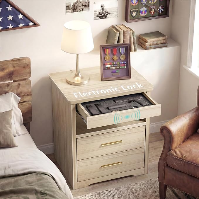 Wood Nightstand with Gun Drawer for Bedroom Wooden 3 Drawers Night Stand Gun Safe for Handgun Bed Side Table with Storage Hidden Compartment Locking Drawer - Image 8