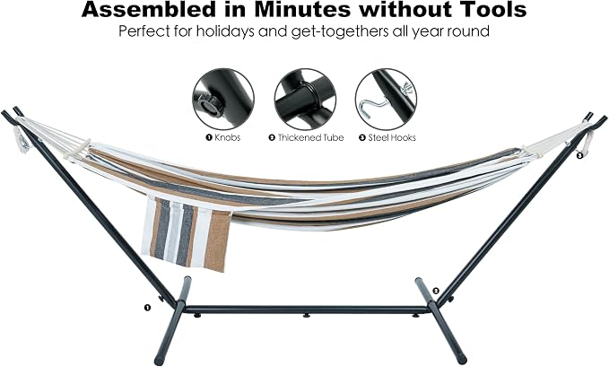 GAFETE Double Hammock with Stand for Outside, Upgraded Spreader Bar, Heavy Duty Space Saving Steel Stand 2 Person, Convenient Pockets, Easy Assembly, 600lbs Weight Capacity, Indoor & Outdoor (Coffee) - Image 6