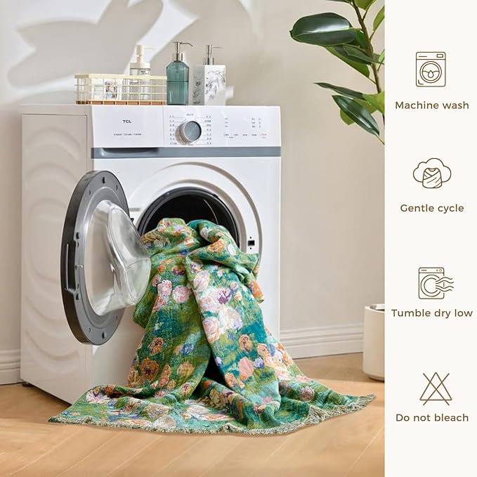 LUTBM Boho Throw Blanket for Couch Sofa Chair Spring Cotton Blankets for Bedroom Living Room All Season Soft Lightweight Reversible Floral Embroidery Decorative Throws 50"x60" Home Decor