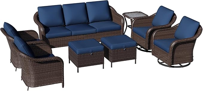 8 Piece Patio Wicker Conversation Set, All-Weather Use Outdoor Wicker Sofa with 2 PE Rattan Ottomans,2 Chair, 2 Swivel Chair, 1 Side Table, Ideal for Porch, Backyard, Balcony, Poolside, Blue