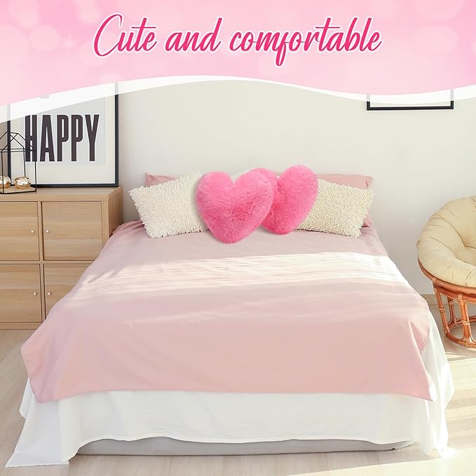 Marsui 2 Pcs Heart Throw Pillows, Soft Fluffy Faux Fur Decorative Hearts Shaped Pillows for Living Room Sofa Bed, Cute Heart Themed Gift for Women(Bright Pink,11.81 x 11.02 Inch)