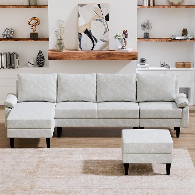 115 Inch Modular Sectional Sofa with Storage Ottoman, Modern L-Shaped Sectional Couch with Chaise, Chenille Couch for Living Room, Apartment or Small Spaces, Off-White