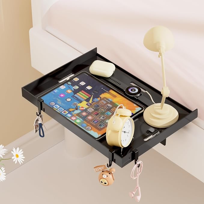 Foldable Bedside Shelf, Metal Clip-On Bed Tray Table for Bunk Bed & Dorm Beds, Dorm Room Essentials Organizer for College Students, Floating Tray, Space Saving Nightstand for Loft Beds (Black, Large) - Image 8