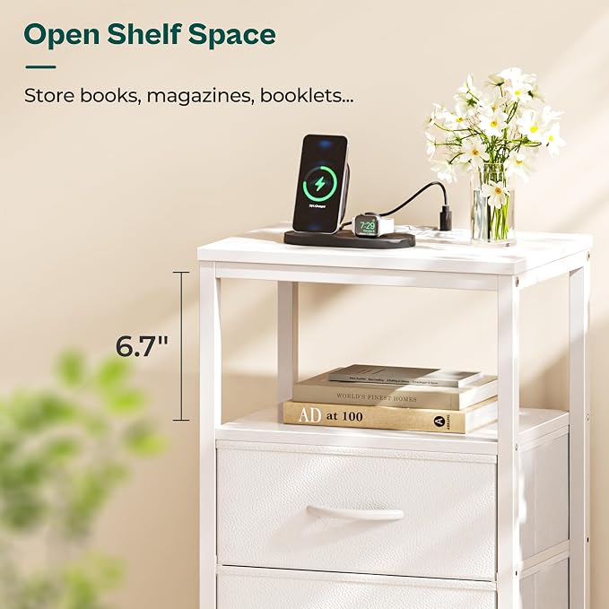 Huuger Night Stand with Charging Station, Multiple Drawer Dresser for Bedroom, Bedside Table, Tall Nightstand with PU Leather Finish, Open Shelf, End Table, for Closet, Entryway, Bedroom, White - Image 9