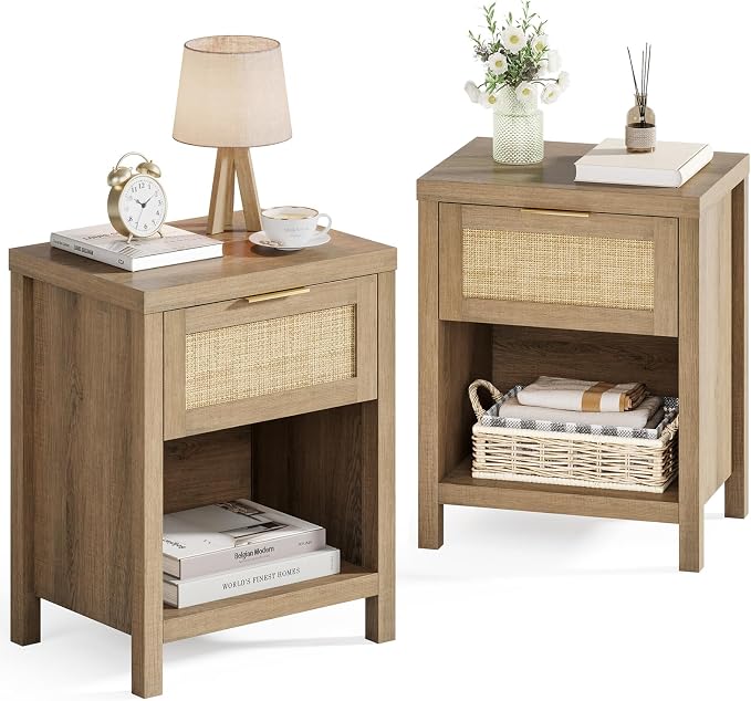 Eclatara Rattan Nightstand Set 2: Boho End Table with Drawer and Storage Shelf, Farmhouse Cane Accent Bedside Night Stands for Bedroom Small Space Sofa (2, Caramel Oak) - Image 8