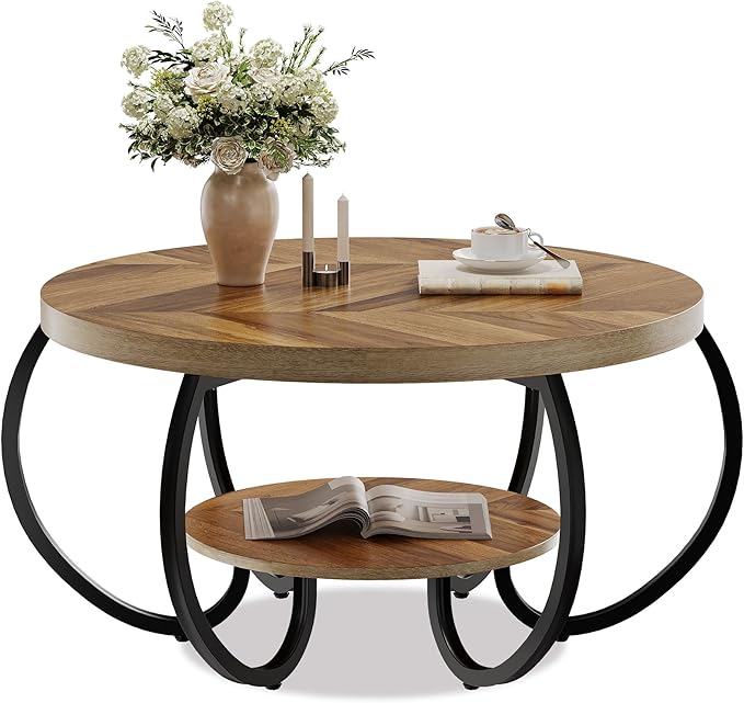 GarveeHome Round Coffee Table 30 in Center Table, 2-Tier Coffee Table Industrial Accent Tables with Adjustable Feet, Living Room Tables with Storage Shelf and Designed Wood Grain, Easy Assemble