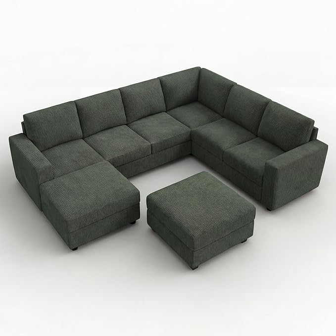 HONBAY Corduroy Sectional Couch with Storage, 8 Seater U Shaped Sectional Sofa Sectional Couches for Living Room, Green