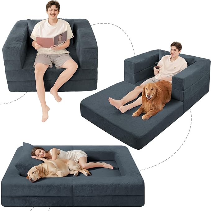 Futon Sofa Bed with Pillow, 3-in-1 Sleeper Sofa Bed with Removable Cover, Convertible Floor Sofa Bed, No Assembly Boneless Couch for Living Room, Bedroom