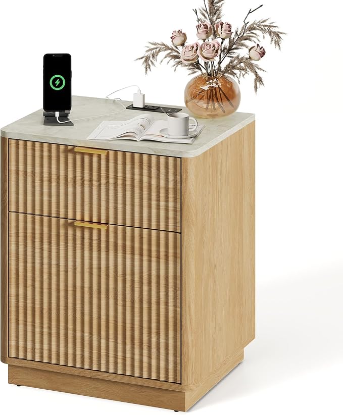 24” Tall Nightstand - Fluted Night Stand with Charging Station Faux Marble Top Bedside Table with Curved Profile Design for Bedroom/ 2 Drawer, Natural Wood - Image 8