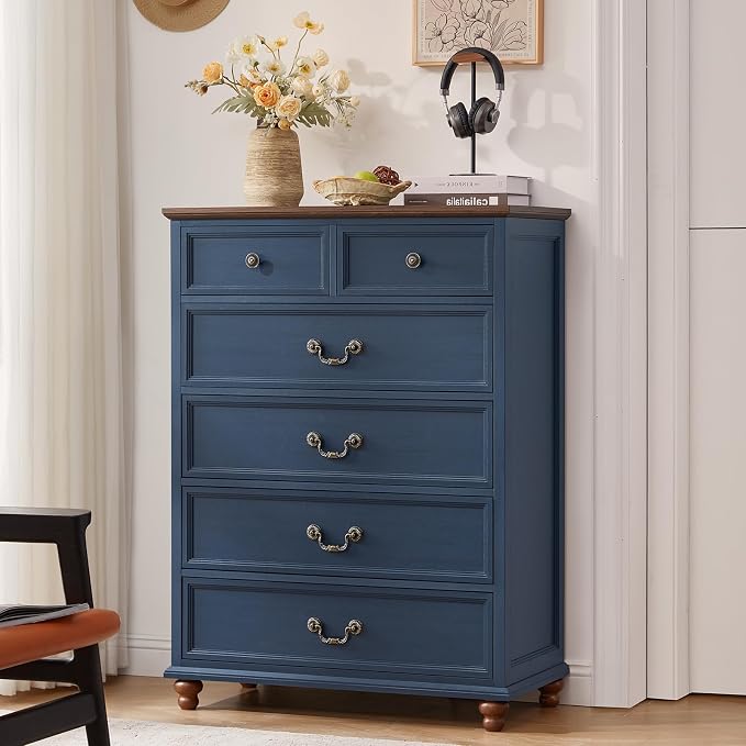 Joaxswe Farmhouse 6 Drawer Dresser Set of 2 for Bedroom, 42" Tall Rustic Chests of Drawers w/ 4 Solid Wood Feet, Mid Century Vintage Wooden Closet Storage Dressers Organizer for Living Room,Blue - Image 9