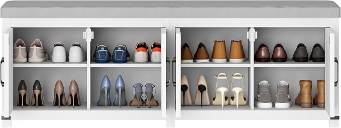 Hzuaneri Shoe Storage Bench, 2 Tier Shoe Bench with Padded Seat Cushion & 4 Barn Doors, 59" Entryway Bench with Adjustable Shelf, Farmhouse Shoe Cabinet for Living Room, Bedroom, White SB31503GY - Image 9