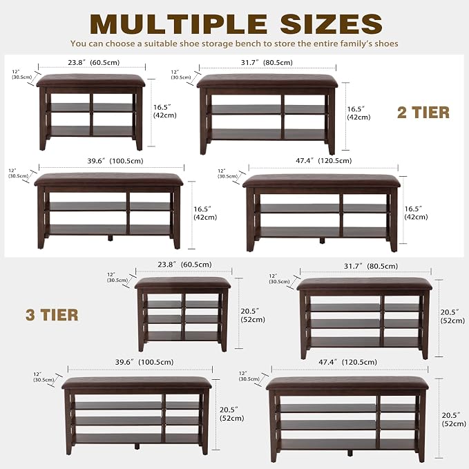 PY HOME & SPORTS Shoe Rack for Entryway 39.4": 2-Tier Shoe Storage Bench, Adjustable/Removable Shelves, Rubberwood Shoe Benches for Hallway, Porch, Bathroom, Brown - Image 9