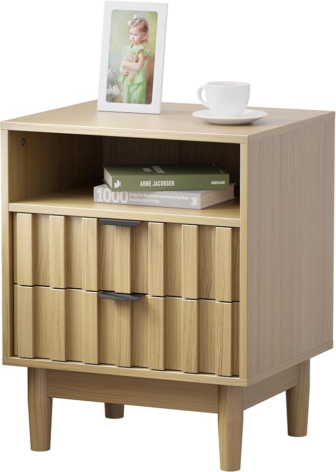 Fluted Nightstand with 2 Drawers, 19" Wide Night Stand with Solid Wood Legs, Open Storage Shelf, Mid Century Modern Wooden Bedside Table for Bedroom, Bed End Side Table, Oak - Image 8