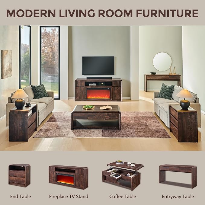 Modern Fireplace TV Stand with 36" LED Electric Fireplace for 80 inch TVs, 32" Tall Entertainment Center w/Drawers &Adjustable Shelves, Wood Media Console w/Curved Profile Design for Living Room,Brown - Image 8