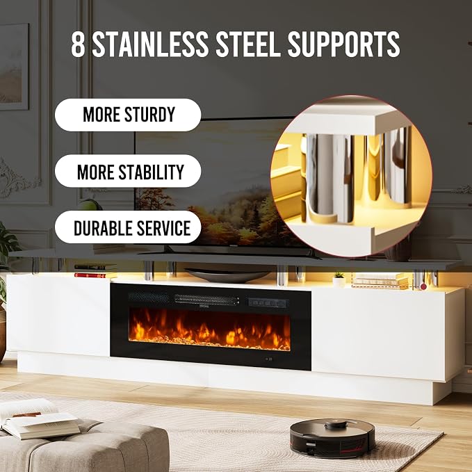 80" TV Stand & Media Console, Entertainment Center with Storage Shelves, Fits TVs up to 90", Modern Living Room Cabinet, 36" Electric Fireplace (White+Black) - Image 9