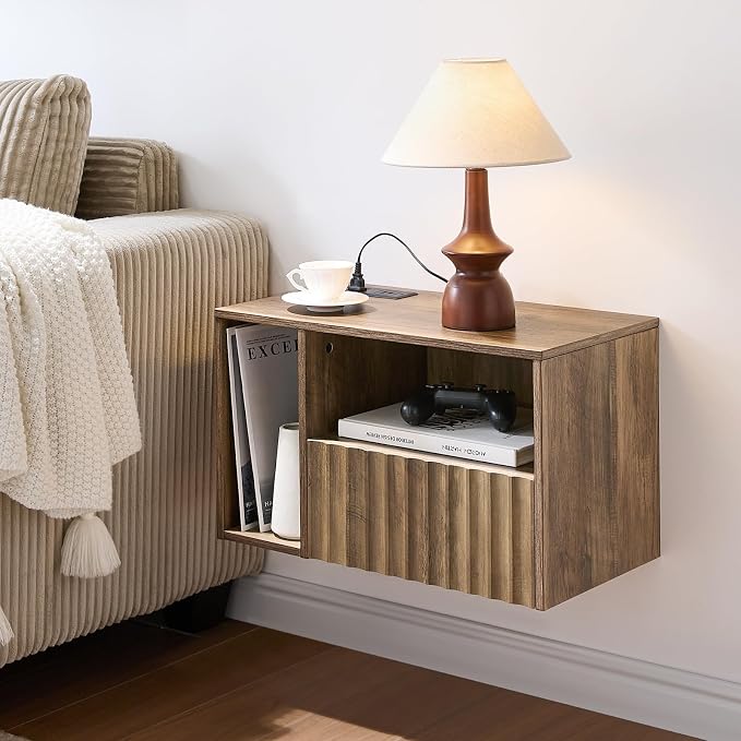 BuildHom Floating Nightstand with Charging Station - Rustic Brown Wall Mounted Modern Fluted Bedside Table with Drawer, USB Ports & Outlets (Set of 2) - Image 4