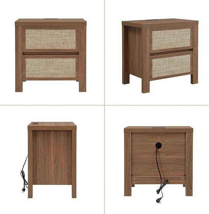 Yechen Rattan Night Stand, Nightstand with Type-C Charging Station, Boho End Tables, Bed Side Tables, 23.6" D x 15.8" W x 23.6" H, 2 Drawers Nightstands for Small Space, Walnut - Image 8