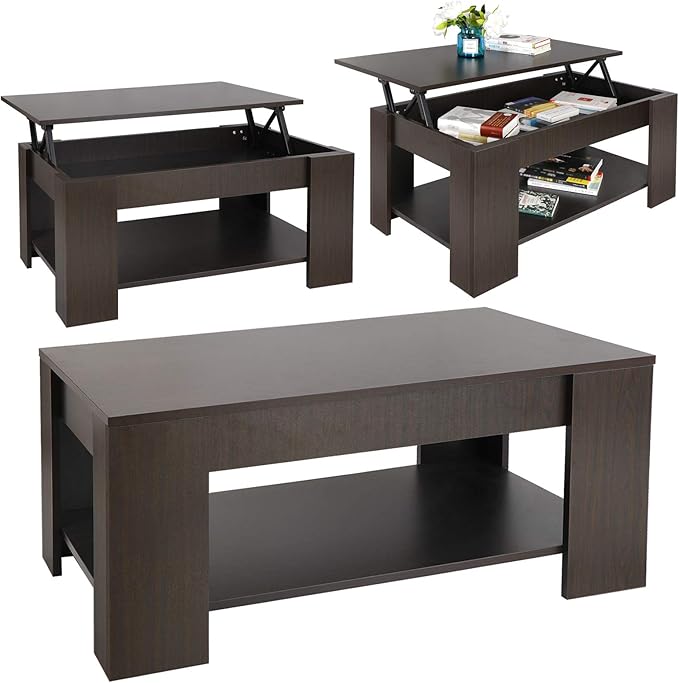 SUPER DEAL Modern Lift Top Coffee Table w/Hidden Compartment and Storage Shelves Pop-Up Storage Cocktail Table for Living Room Reception Room