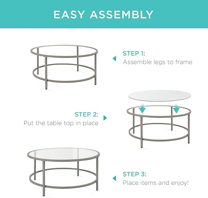 Best Choice Products 36in Modern Round Tempered Glass Accent Side Coffee Table for Living Room, Dining Room, Tea, Home Décor w/Metal Frame, Non-Marring Foot Caps - Gray
