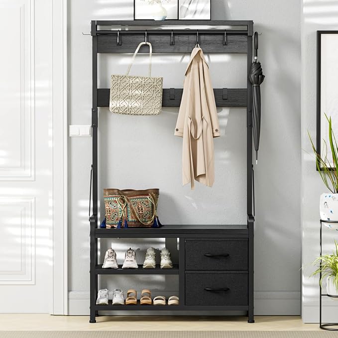 Lulive Hall Tree, 31.5” Entryway Bench with Coat Rack freestanding, 5 in 1 Intelligent Design Shoe Bench and Wall Rack 17 Hooks and Drawers (Black) - Image 9