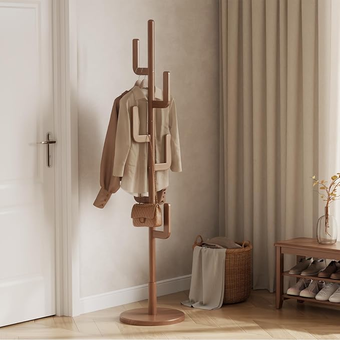 Muwuele Solid Wood Cactus Coat Rack, Freestanding Coat Rack With 6 L-Shaped Hooks and 3 Adjustable Sizes, Coat Tree for Bedroom, Entryway, Livingroom, Coat Hanger Stand for Coats, Handbags (Walnut) - Image 9