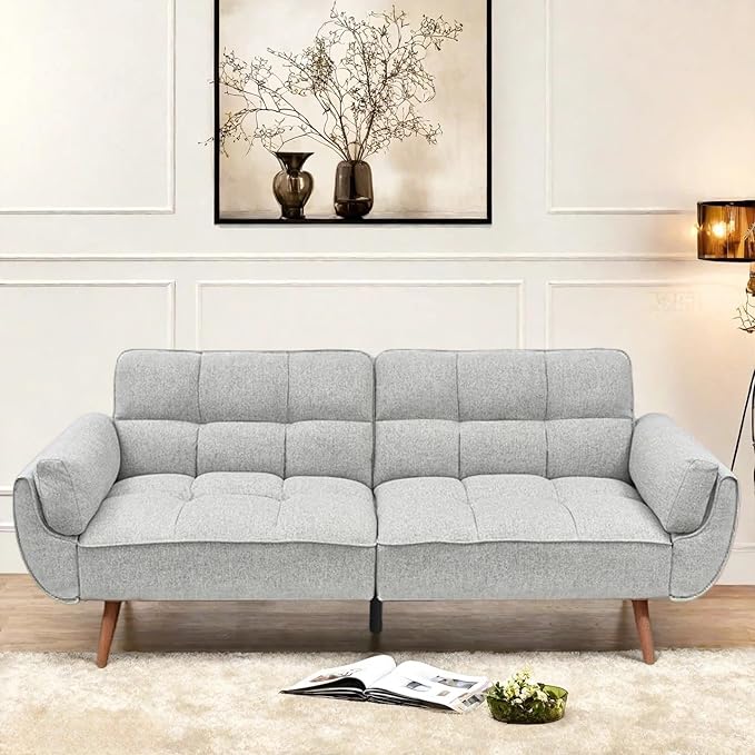 Convertible Futon Sofa Bed, Modern Futon Couch with 2 Pillows, Small Futons Couch with Adjustable Armrest & Backrest, Loveseat Sofa Bed for Living Room, Bedroom, Gray