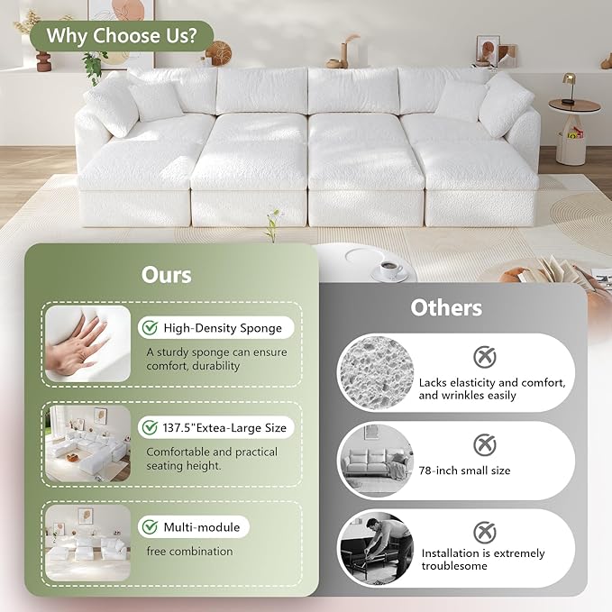 Modular Sectional Sofa Boneless Cloud Couch for Living Room, U Shape Deep Seat Recliner Sofa with Ottoman, Adjustable Backrest & 2 Throw Pillows - Covers Washable, (White, 4 Seater+4 Ottoman)