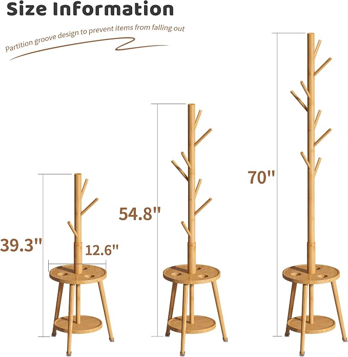 FILWH Freestanding Coat Rack with Umbrella Organizer Tray Bamboo Coat Tree Rack with 8 Hook Stand for Clothes Bag Hats Entryway Hanger Stand(Nature) - Image 7