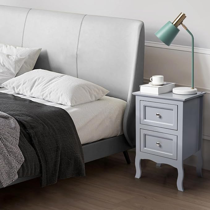 Karl home Grey Nightstand Set of 2 for Bedroom, Vintage Small Night Stand with Drawers, Farmhouse Side Table, Wooden End Tables with Curved Legs for Office, Mid-Century - Image 9