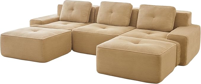 Casaphoria 115'' Camel Modular Sofa Set, 3-Seat U-Shaped Corduroy Couch with 2 Ottomans for Large Living Room No Assembly Required Deep Seat Sectional Couch