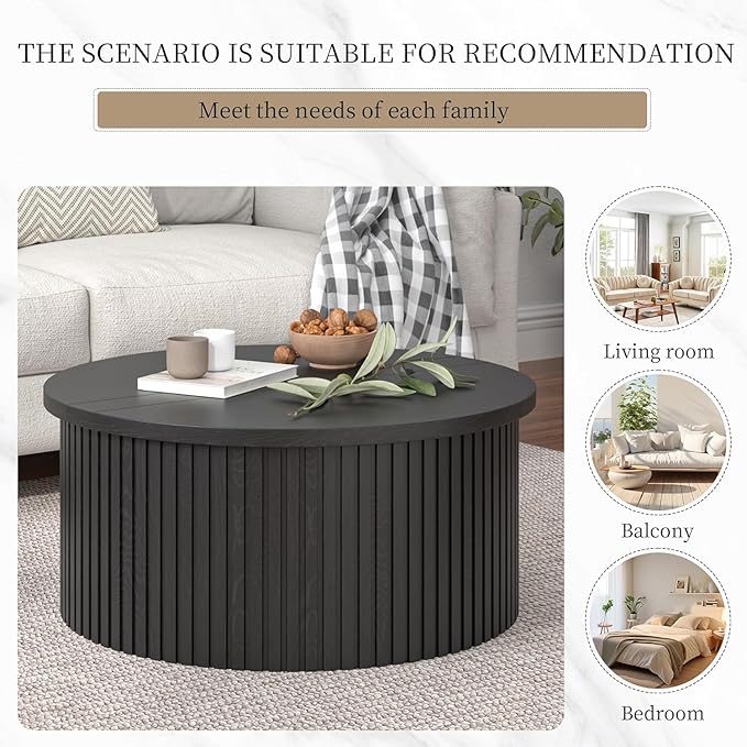 Fluted Lift Top Coffee Table with Hidden Storage, 31.6 Inch Round Coffee Tables for Living Room, Modern Circle Wood Center Tables for Home (Black)
