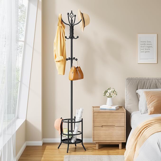 Tajsoon Coat Rack Stand with Umbrella Holder, Coat Tree Freestanding with 16 Hooks, Coat Hangers Stand for Living Room, Bedroom, Office, Black - Image 8