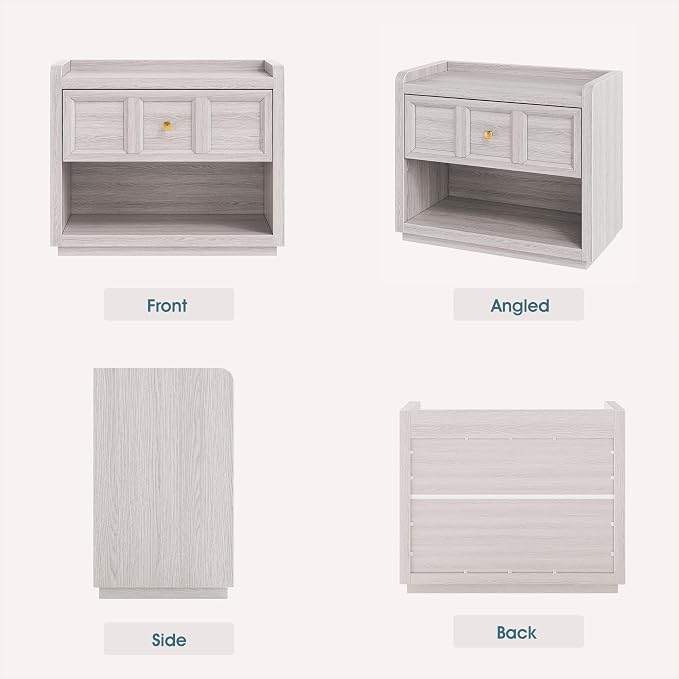 Fynar 26" Nightstands with Drawer Storage, Large Queen Size Night Stand Bedside Table, Farmhouse End Table with Round Corners for Bedroom Sofa Couch Home Office, Grey White Oak - Image 8