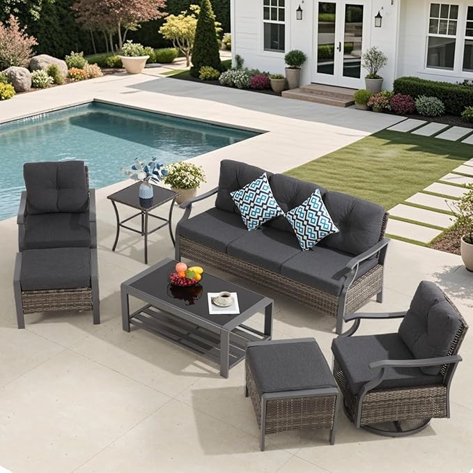 Outdoor Patio Furniture Set, 7 Pieces Outdoor Conversation Sets with Coffee Table, Side Table & Ottoman, Wicker Rattan Outdoor Sectional Sofa Set for Backyard, Deck, Porch, Poolside, Gray