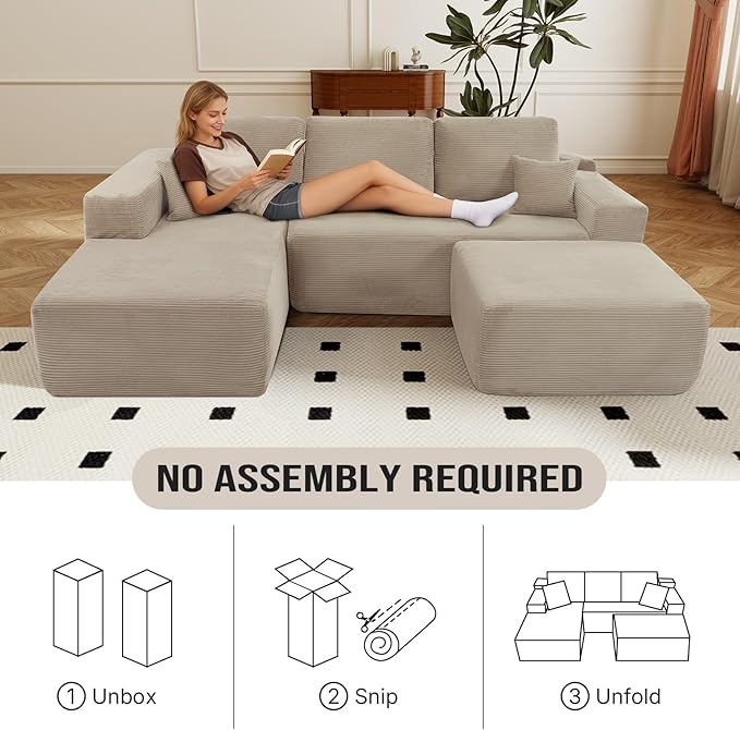 Rovibek 105” Modular Sectional Sofa with Chaise, Boneless Couches for Living Room with Deep Seat & Throw Pillow, Comfy Corduroy Fabric U Shaped Couch, No Assembly Required, Camel