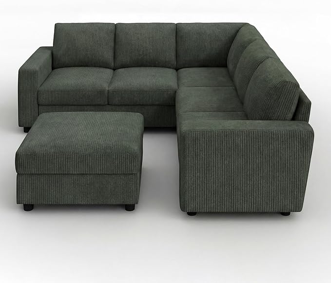 HONBAY Corduroy Sectional Sofa with Storage L-Shaped Sectional Couches for Living Room 6 Seater Sectional Sofa, Green