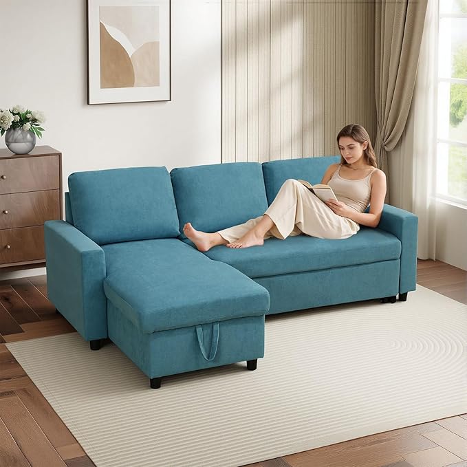 L-Shaped Sleeper Sofa with Chaise Lounge & Storage, Pull-Out Couch Bed with Recliner, Full Size Futon for Living Room, Office, Apartment Teal