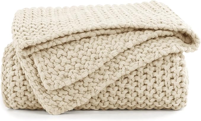 BEDELITE Chunky Cable Knit Throw Blanket, Acrylic Chunky Knitted Blankets, Super Soft Cozy Woven Beige Throw Blanket for Sofa Couch Bed Room Home Decor, Gift for Women, 50"x60"