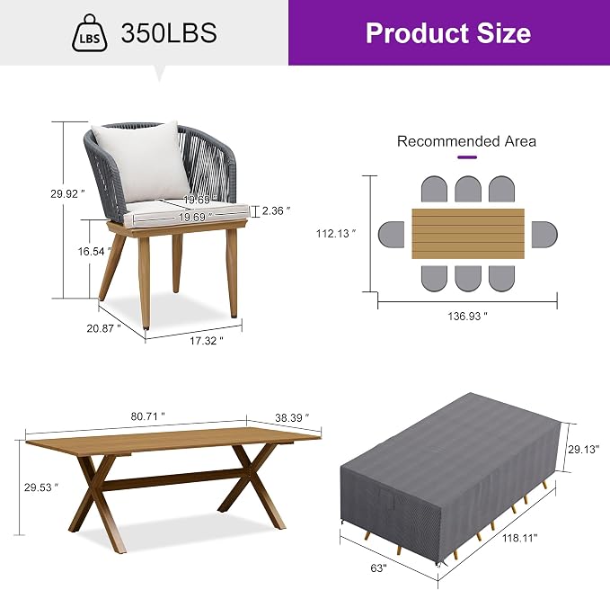PURPLE LEAF 9 Pieces Patio Dining Set with Waterproof Furniture Cover Rectangular Table and Chairs Set for Garden Deck Aluminum Frame Backyard Kitchen Set, Cushions and Pillows Included Teak - Image 9