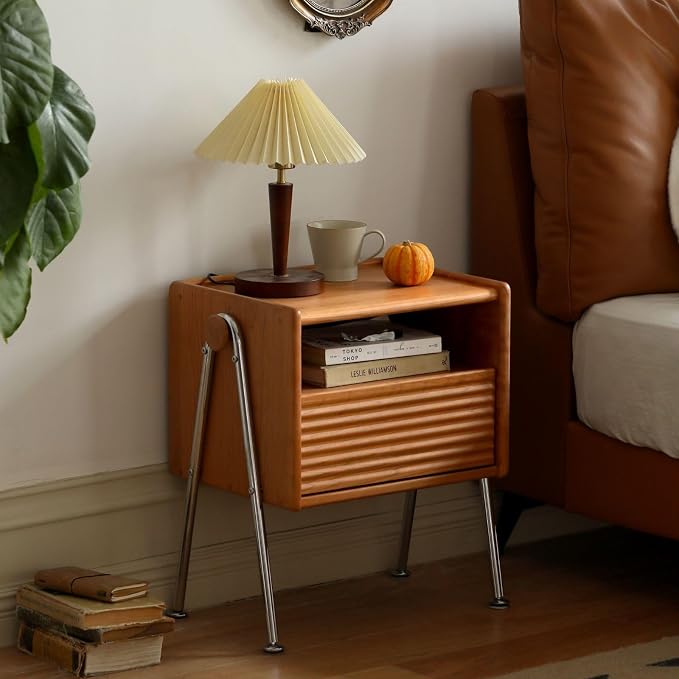 Cherry Wood Nightstand, Wooden Side Table with Drawer, Vintage Night Stand with Metal Legs, Couch End Table, 22" Tall Night Stand Open Shelf, Small Bedside Table for Bedroom, Dorm(Brown) - Image 9