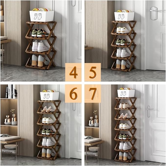 Foldable Shoe Rack, Bamboo Vertical Shoe Organizer Tall for Small Spaces. Multifunctional Narrow Shoe Shelf for Entryway, Closet, Corner, Bedroom, Hallway, Brown Color 4 Layers - Image 6