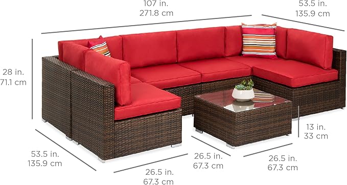 Best Choice Products 7-Piece Modular Outdoor Sectional Wicker Patio Conversation Set w/ 2 Pillows, Coffee Table, Cover Included - Brown/Red