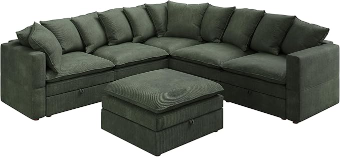 HONBAY Modular Sectional Sofa, 6 Seaters Corduroy Sectional Couchwith Ottoman, L Shaped Sofa with Storage & Pillows, Green