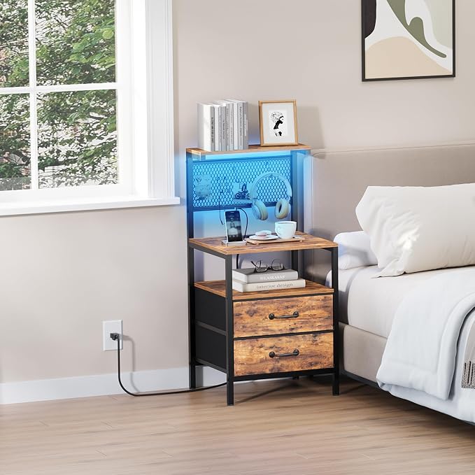 Tall Nightstand with Charging Station and LED Lights, Large Night Stands with 2 Fabric Drawers, Bedside Table with Storage Shelves and Hooks for Bedroom, Office, Dorm, Rustic Brown - Image 9